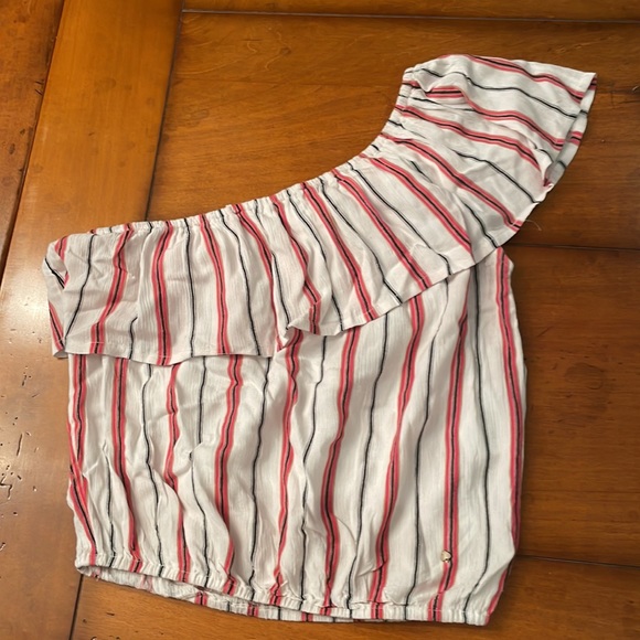 Brownie Spain One Shoulder White, Orange, and Black Striped Top, size XS-S - Picture 1 of 2